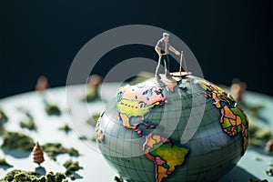 Worldly trek Miniature travelers stand on a globe, plotting their journey