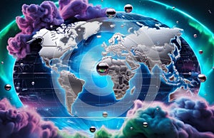 Futuristic Neon-Blue Holographic World Map