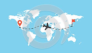 Worldmap with airplane trace vector illustration. Aircraft track path on map, plane route line. Blank white planet Earth