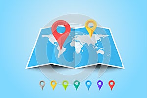Worldmap With Set Of Multicolored Map Pointers. Vector Template For Your Modern Design