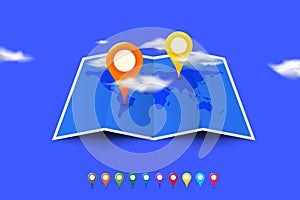 Worldmap With Set Of Multicolored Map Pointers. Vector Template For Your Modern Design