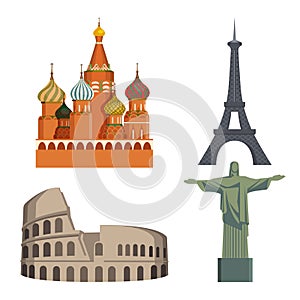 Worlds attractions Kremlin, Eiffel tower, Italian Coliseum, Statue of Christ