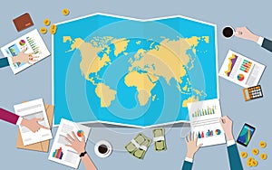 The worlds economy country growth nation team discuss with fold maps view from top