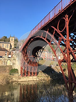 Worlds first iron bridge over the River Severn in Ironbridge, Shropshire, UK