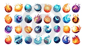 Worlds planets cartoon vector collection. Orbital cosmic entities globes, giants gaseous terrestrial satellites extrasolar bodies photo