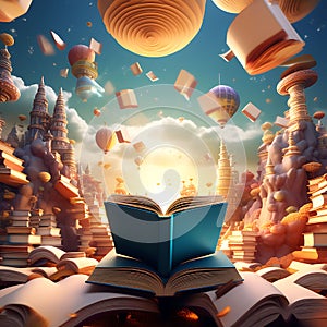Worlds Unveiled: 3D Illustration of Books Igniting Imagination Ã¢â¬â Generated by AI photo