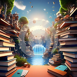 Worlds Unveiled: 3D Illustration of Books Igniting Imagination Ã¢â¬â Generated by AI photo