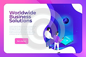 Worldwide business solutions isometric website page template. Two businessmans analyze the globe business situation and