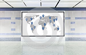 Worldwide business or travel destinations concept, world map, digital board