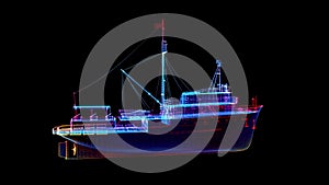 Worldwide cargo ship. Polygonal wireframe mesh Glow particles formation of ship concept. Motion graphics.