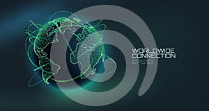 Worldwide connection abstract vector globe. Telecommunication technology line with trajectory of information data. USA photo