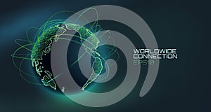 Worldwide connection abstract vector globe. Telecommunication technology line with trajectory of information data. USA
