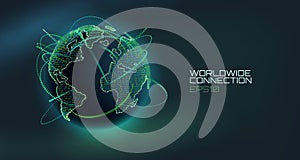 Worldwide connection abstract vector globe. Telecommunication technology line with trajectory of information data. USA