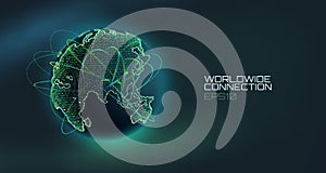 Worldwide connection abstract vector globe. Telecommunication technology line with trajectory of information data. USA