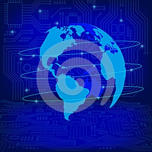 Worldwide connection concept. Global communications network. Globe on High-tech technology background texture in blue.