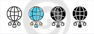 Worldwide data network icon set. Globe data storage security vector icons for web design