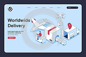 Worldwide delivery concept in 3d isometric design for landing page template.