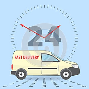 Worldwide delivery concept. Fast delivery app icon. Delivery 24 hours a day, 7 days a week. The yellow car for delivery.