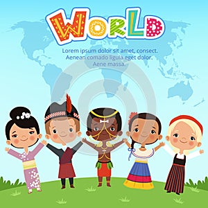 Worldwide kids of different nationalities standing on the earth. Concept vector illustrations