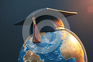 Worldwide language study Graduation cap with Earth globe concept photo