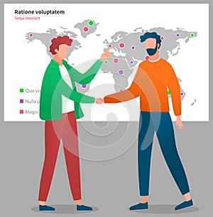 Worldwide logistic contract signing near map of planet. Business meeting of partners to make deal