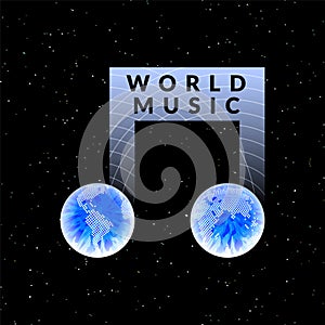 Worldwide music conceptual logo shaped as Earth globe and musical note. Vector illustration on starry dark space