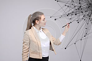 Worldwide network or wireless internet connection futuristic concept. Woman working with linked dots.