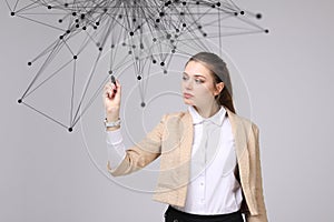 Worldwide network or wireless internet connection futuristic concept. Woman working with linked dots.