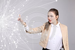 Worldwide network or wireless internet connection futuristic concept. Woman working with linked dots.