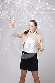 Worldwide network or wireless internet connection futuristic concept. Woman working with linked dots.