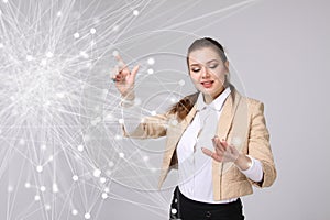 Worldwide network or wireless internet connection futuristic concept. Woman working with linked dots.