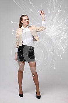 Worldwide network or wireless internet connection futuristic concept. Woman working with linked dots.