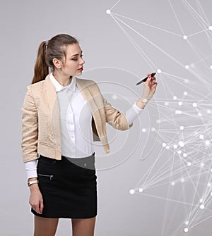 Worldwide network or wireless internet connection futuristic concept. Woman working with linked dots.
