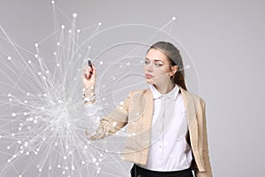 Worldwide network or wireless internet connection futuristic concept. Woman working with linked dots.