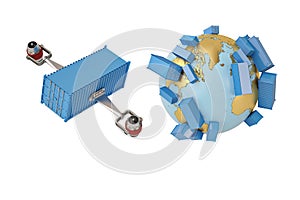 Worldwide shipping concept container with jet engine and globe