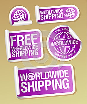 Worldwide shipping, free worldwide shipping - vector stickers mockups