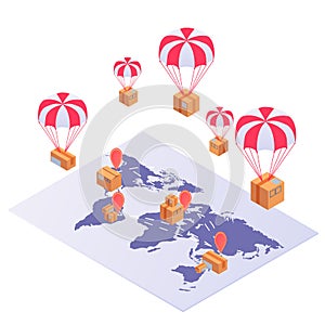 Worldwide shipping isometric concept. Global transportation of goods yellow boxes parachuting world map.