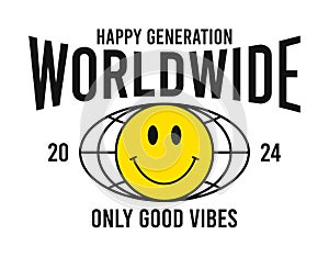 Worldwide - slogan for t-shirt design with World globe and emoji smile.