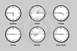 Worldwide time zone clocks illustration