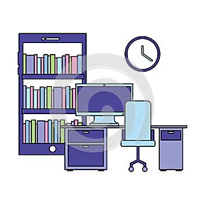 Worlplace desk computer bookshelf clock