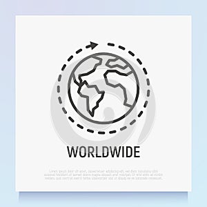 Worlwide shipping thin line icon: globe with arrow. Modern vector illustration for delivery service or logistic company