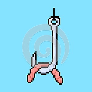 Worm bait on fishing hook pixel art vector drawing
