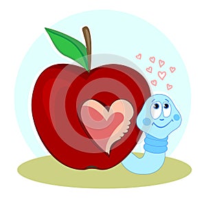 A worm and a bitten Apple. Love and the heart. Valentine`s day. Postcard with a funny character. I miss you. Vector