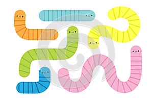 Worm insect icon set. Colorful earthworm. Cartoon funny kawaii baby animal character. Cute crawling bug collection. Smiling face.