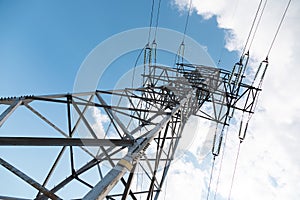 Worm`s view of power pylon against clear sky