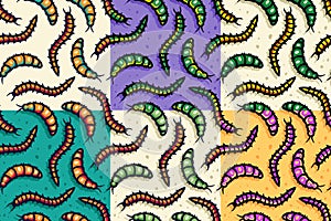 Worm set of seamless patterns for halloween design. Wallpapers with caterpillars