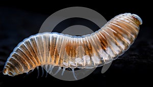 Worm under a microscope, phylum Annelida isolated on black background.