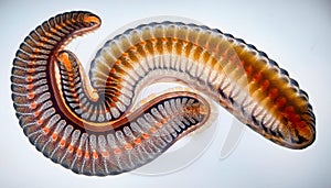 Worm under a microscope, phylum Annelida isolated on black background.