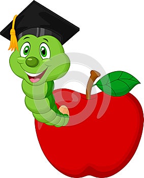 Worm wearing a raduation cap crawling out of an apple