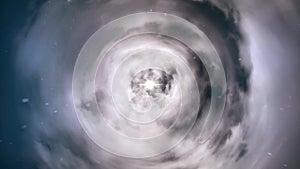 Wormhole straight through time and space, clouds, and millions of stars. Colorful Space Travel Animation. Warp straight